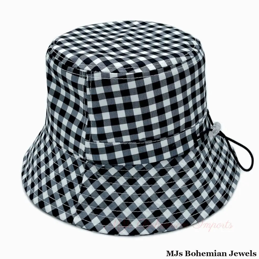 Black Gingham Draw String Bucket Hat