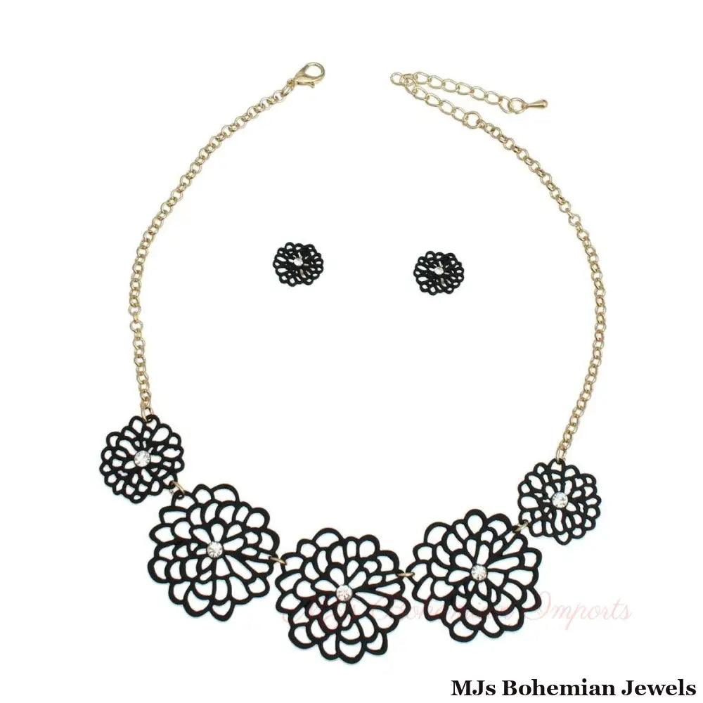 Black Matte Metal Cut Out Flower Necklace