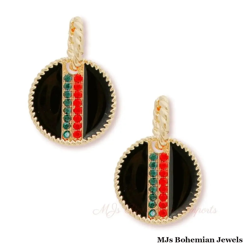 Black Stripe Charm Twisted Gold Hoops