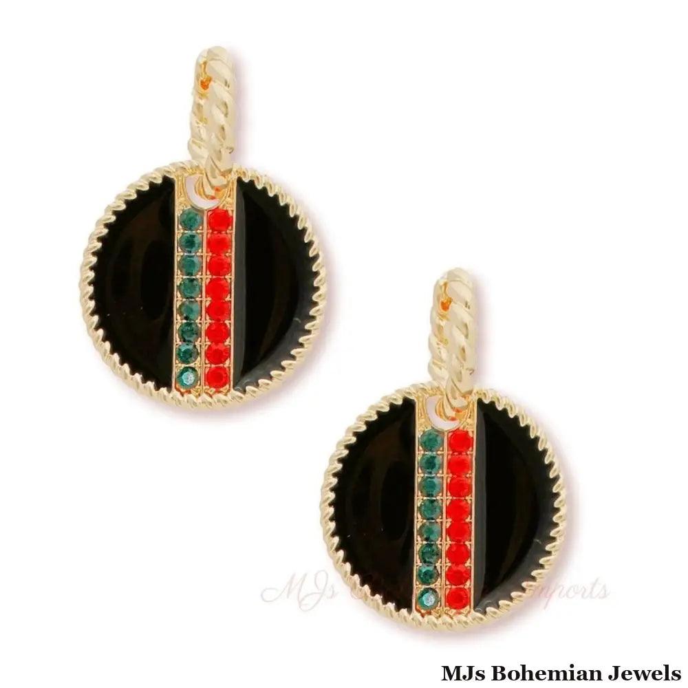 Black Stripe Charm Twisted Gold Hoops