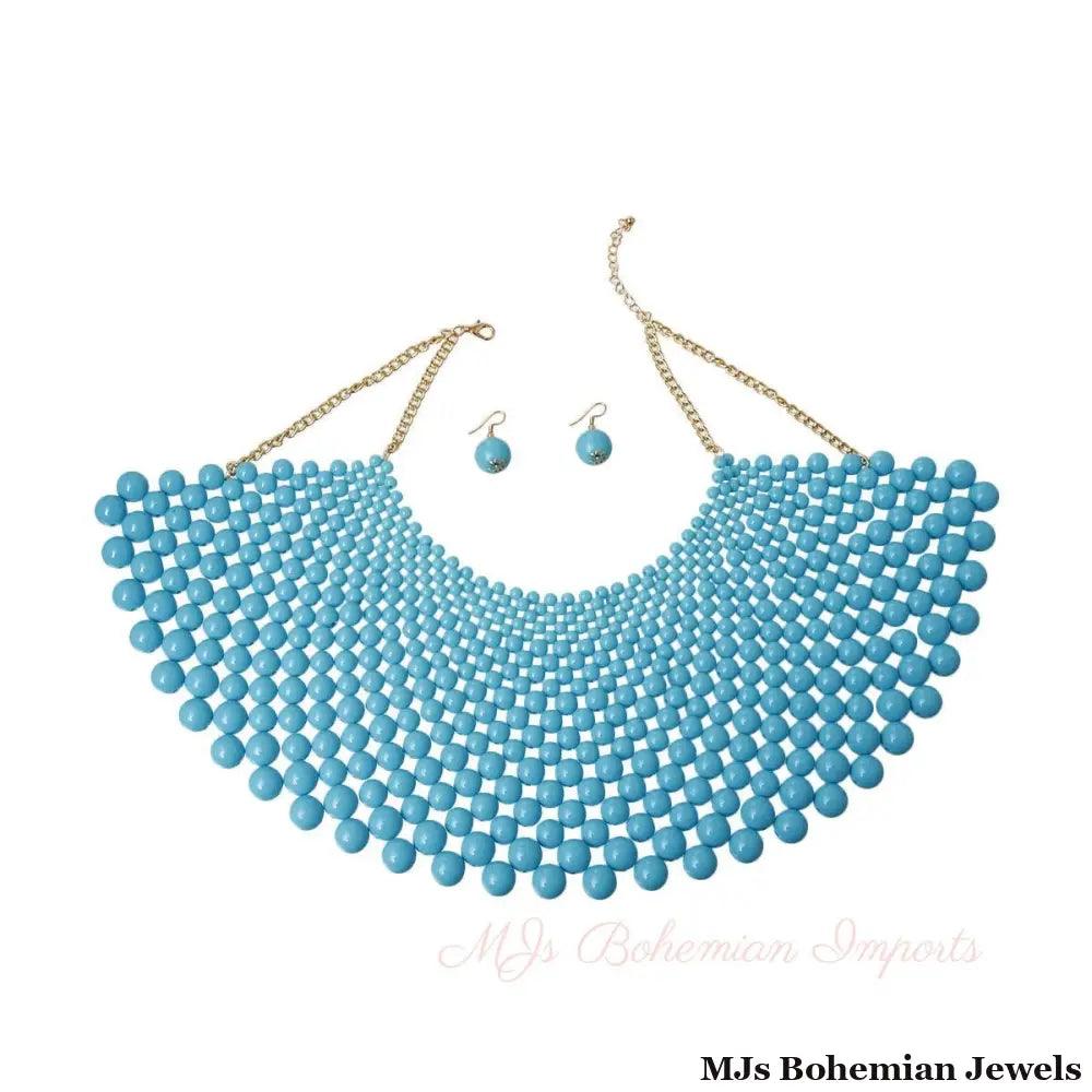 Blue Bead Bib Necklace Set