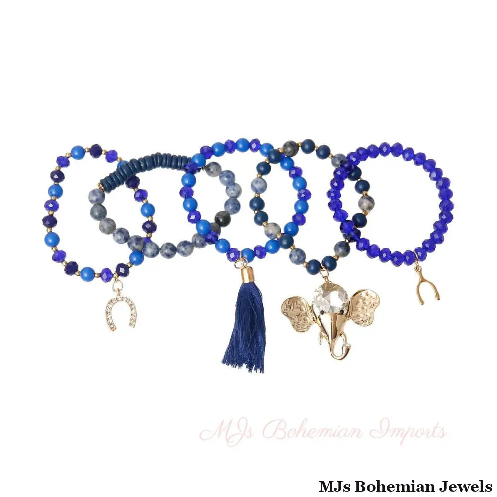 Blue Bead Elephant Charm Bracelet Set