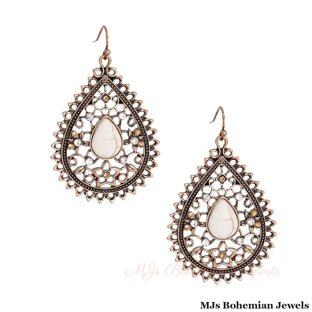 Burnished Filigree Cracked Stone Earrings