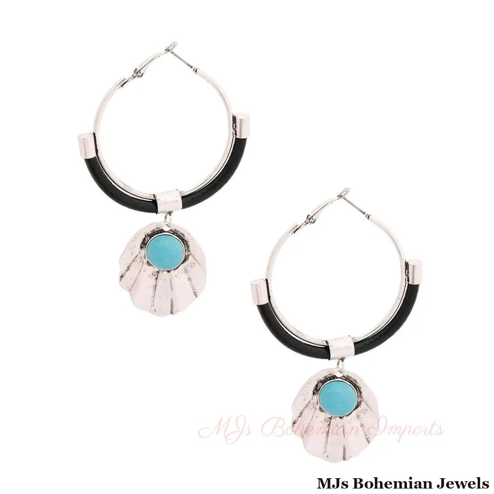 Burnished Silver Turquoise Shell Hoops