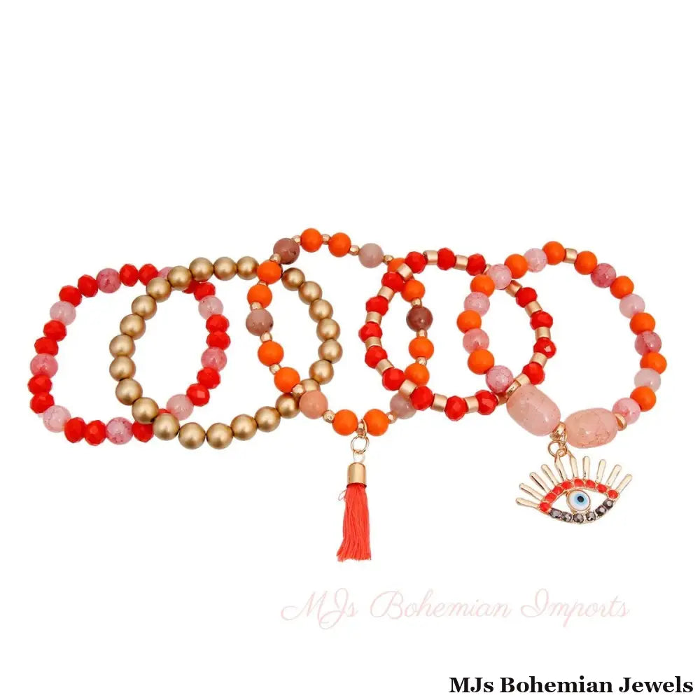 Coral and Matte Gold Evil Eye Bracelets