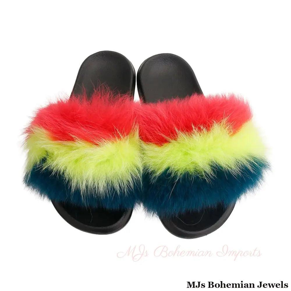 Coral to Green Fox Fur Large Slippers