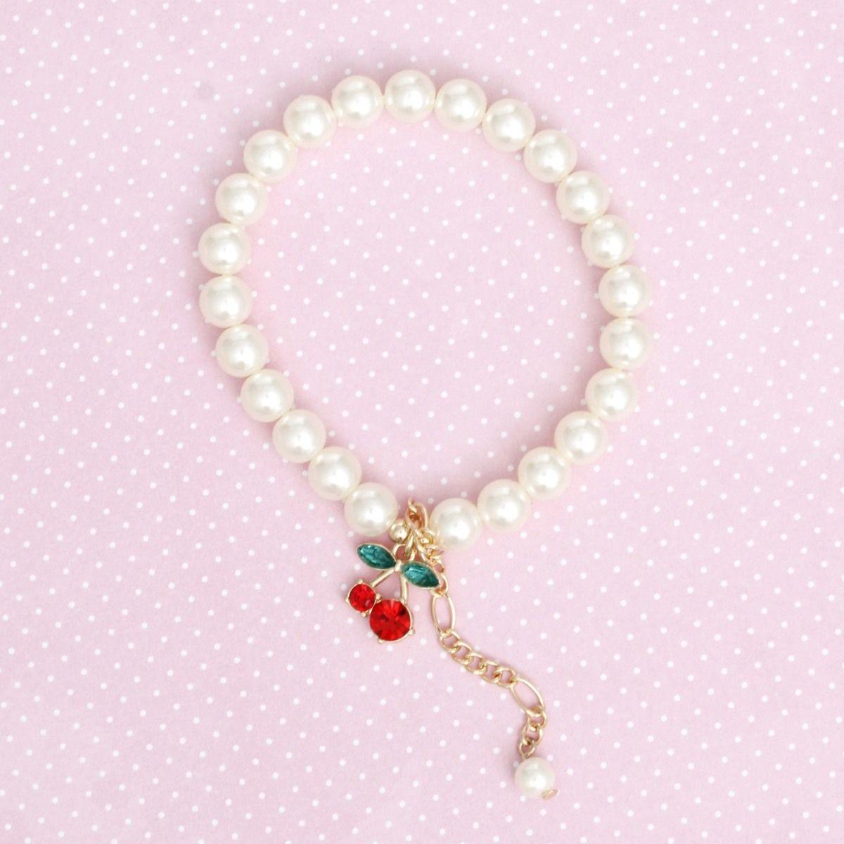 Bracelet Cream Pearl Cherry Red Chain Charm Women