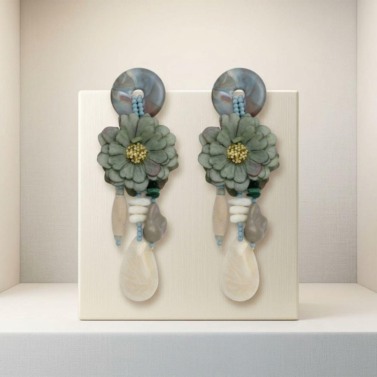 Green Oversized Natural Floral Drop Earrings