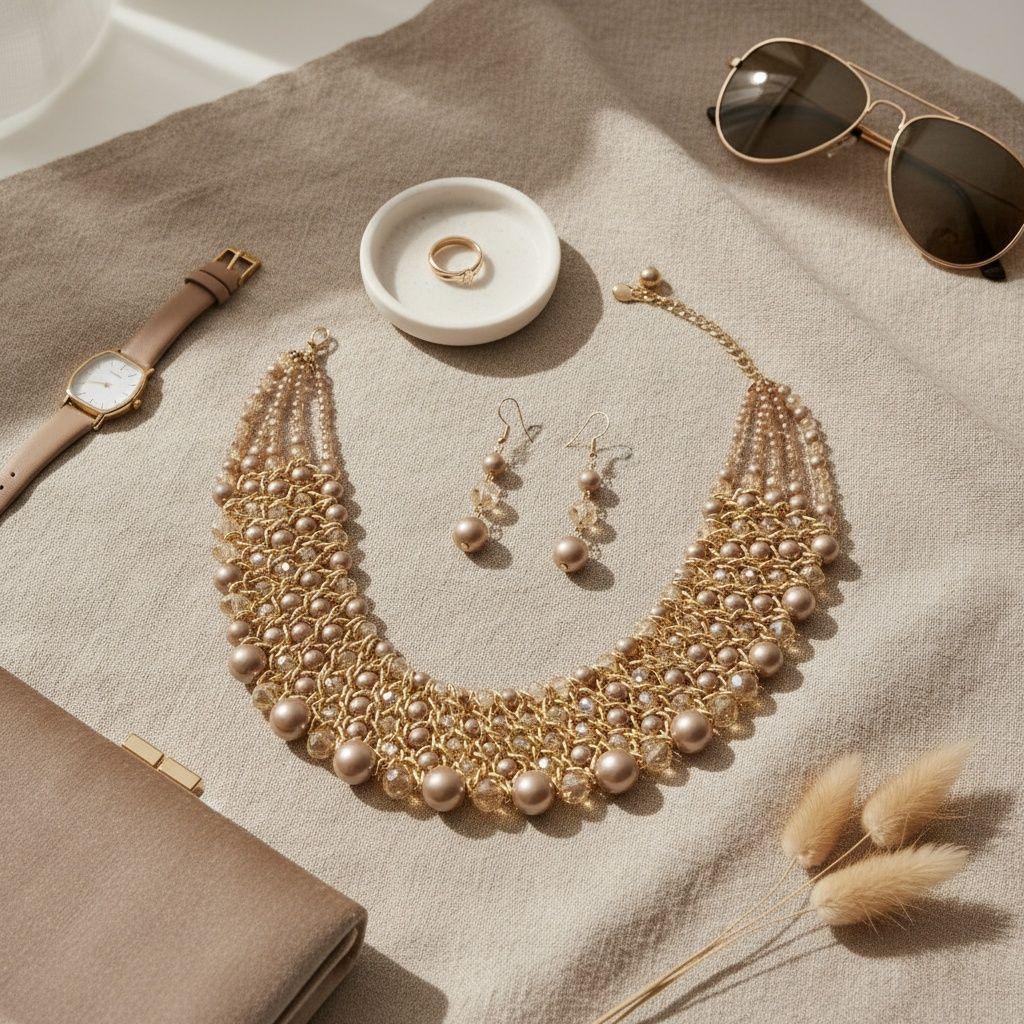 Brown Pearl Glass Bead Woven Collar Bib Necklace