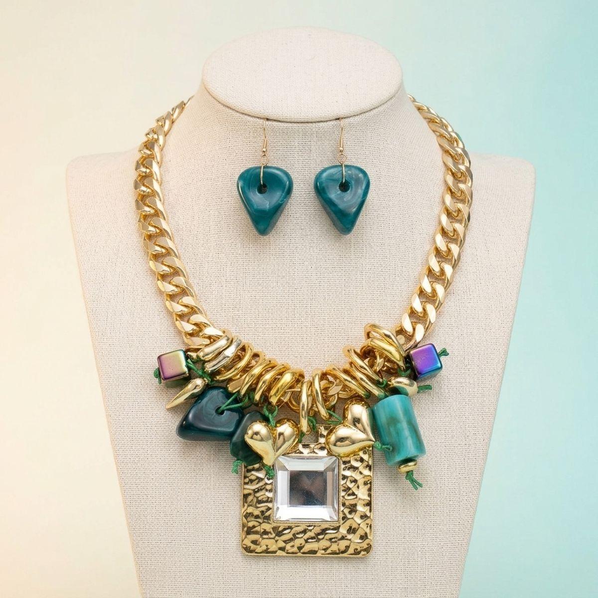 Square Pendant Gold DC Chain Turquoise Necklace