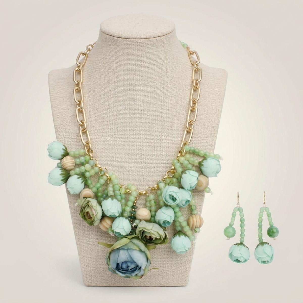 Green Floral Garden Fringe Statement Necklace