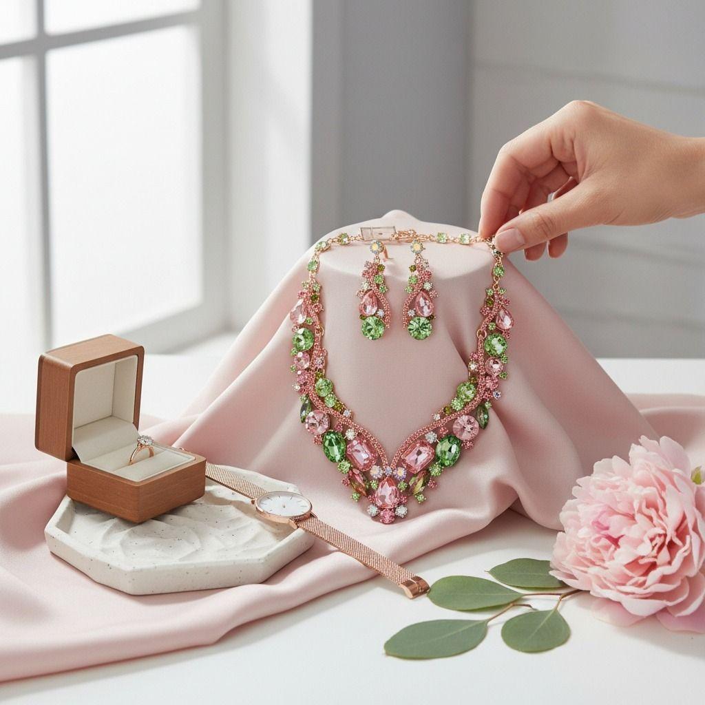 AKA Pink Green Crystal Cluster V Formal Necklace