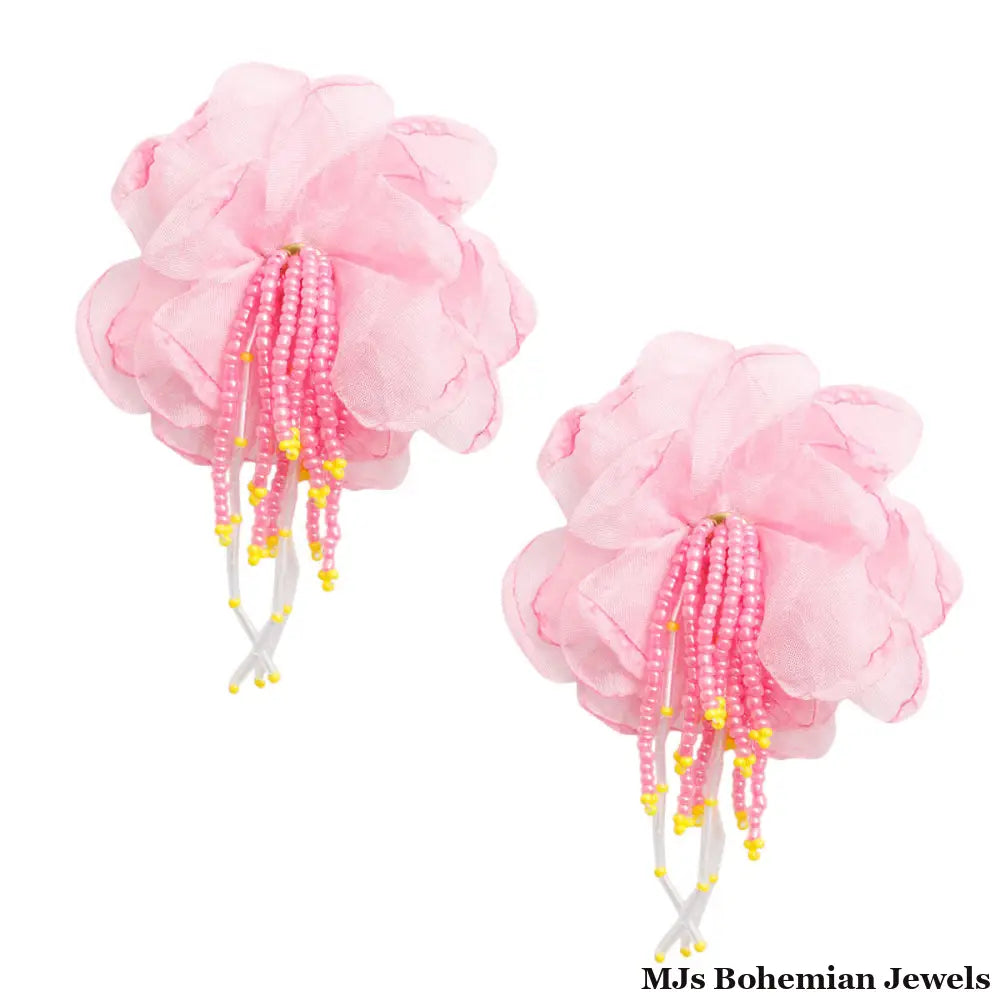 Drop Pink Fabric Flower Bead Earrings for Women