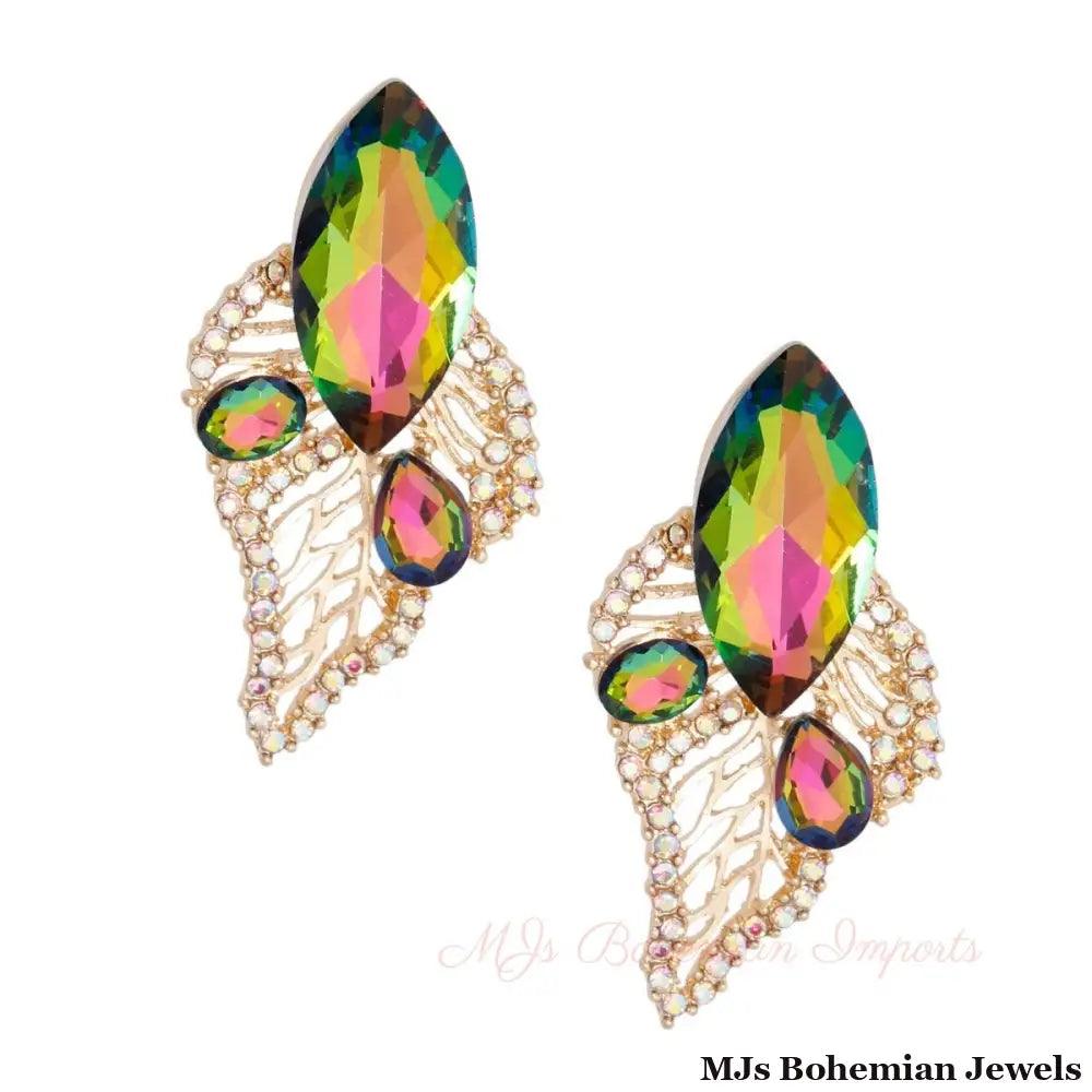 Elegant Pink Green Leaf Gold Stud