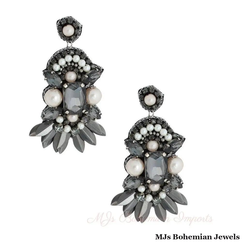 Embroidered Pearl Black Stone Earrings