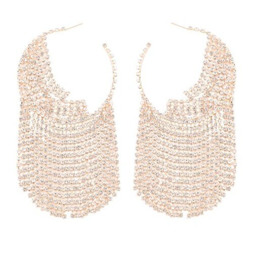 Shining Rhinestone Tassel Hoop High Fashion Internet Celebrity Style Women Costume Earrings - Golden
