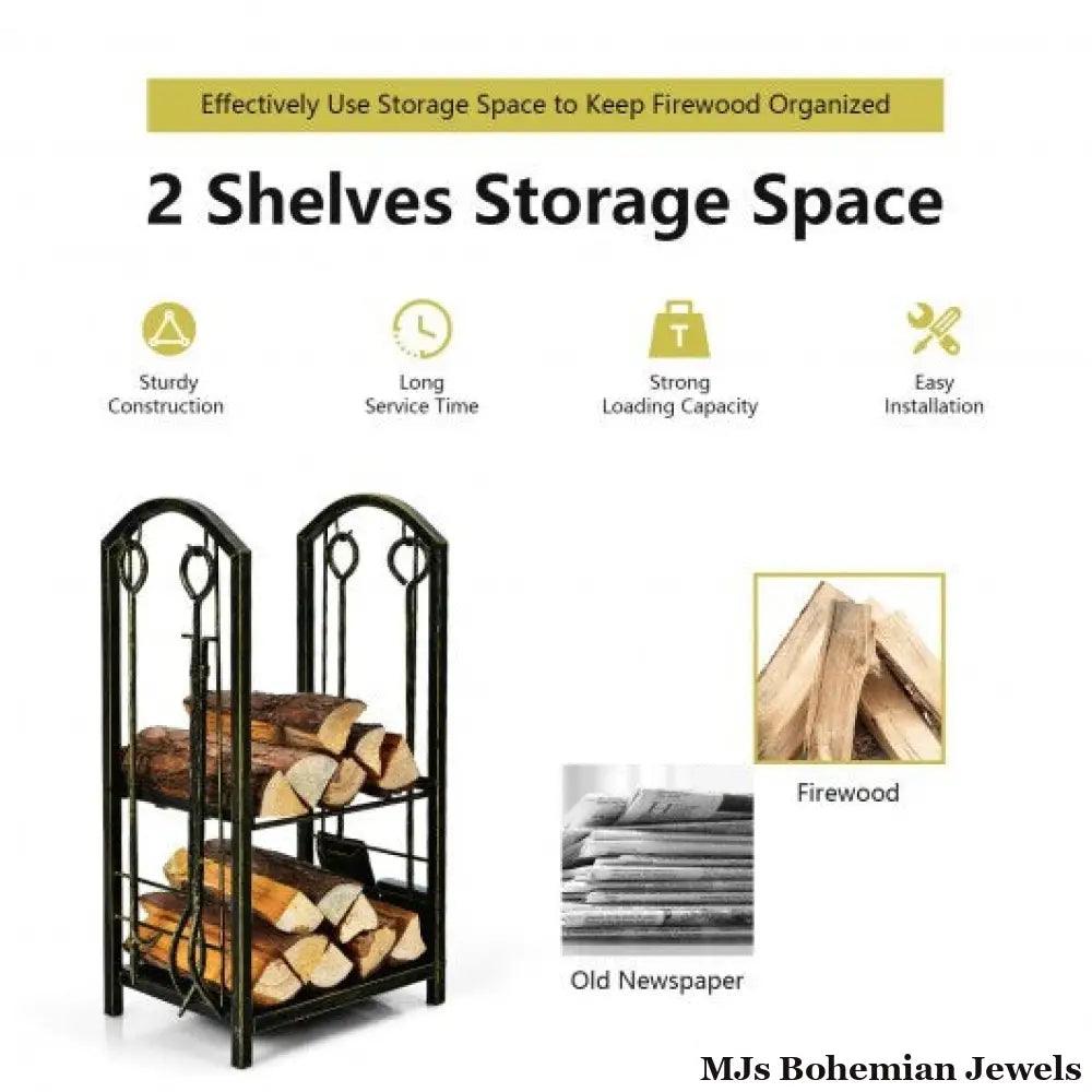 Fireplace Log Rack with 4 Pieces Fireplace Tools-Bronze - Color: Bronze