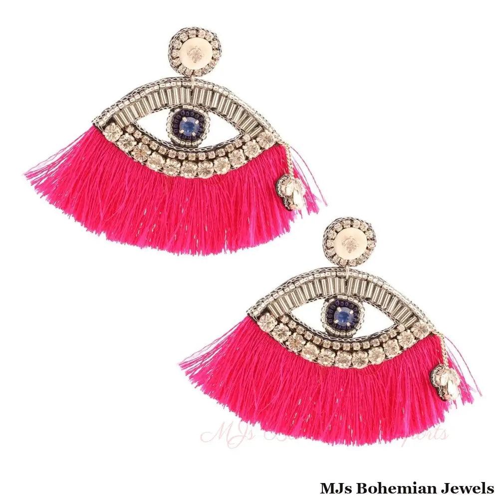 Fuchsia Tassel Rhinestone Eye Earrings