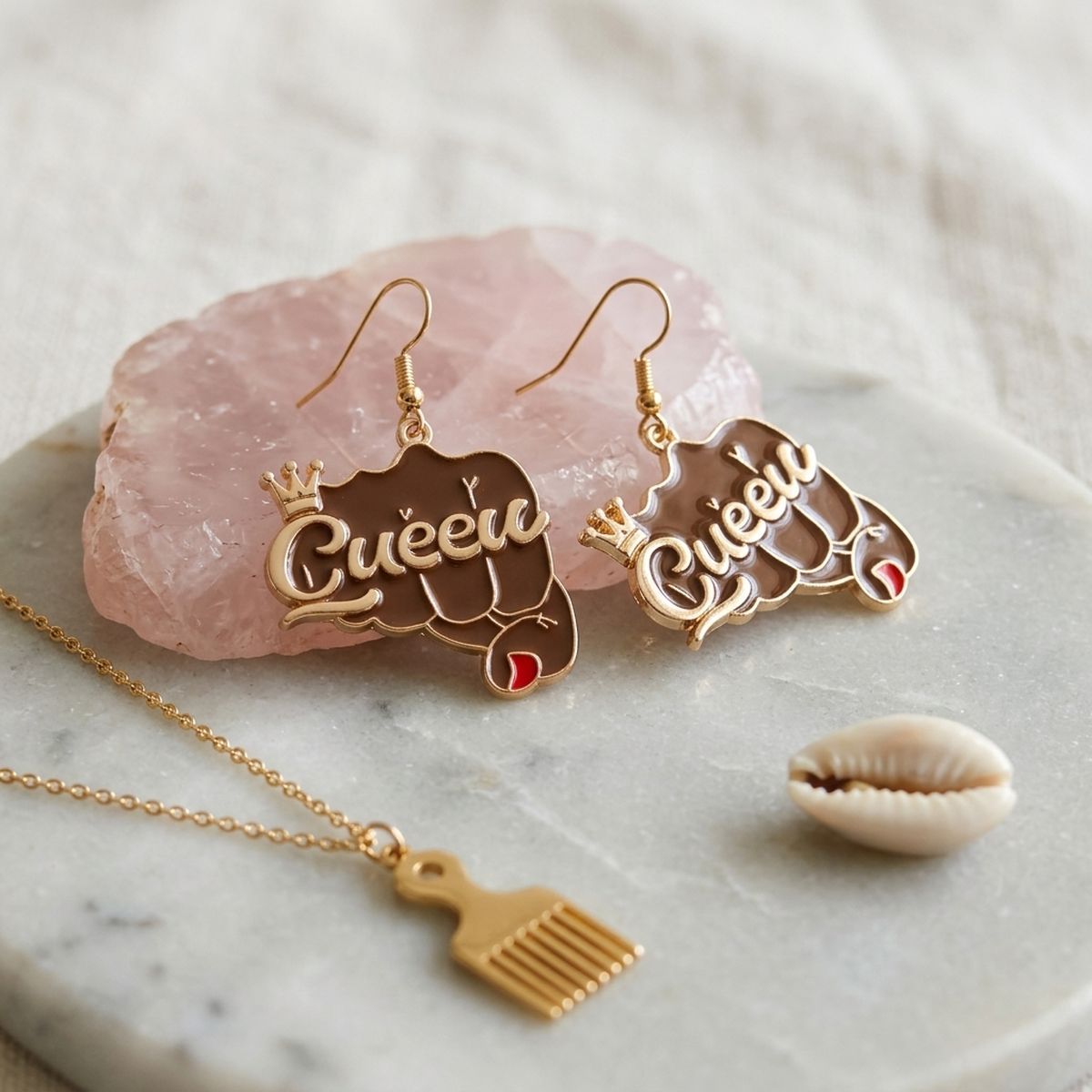Gold Queen Raised Fist Fish Hook Earrings