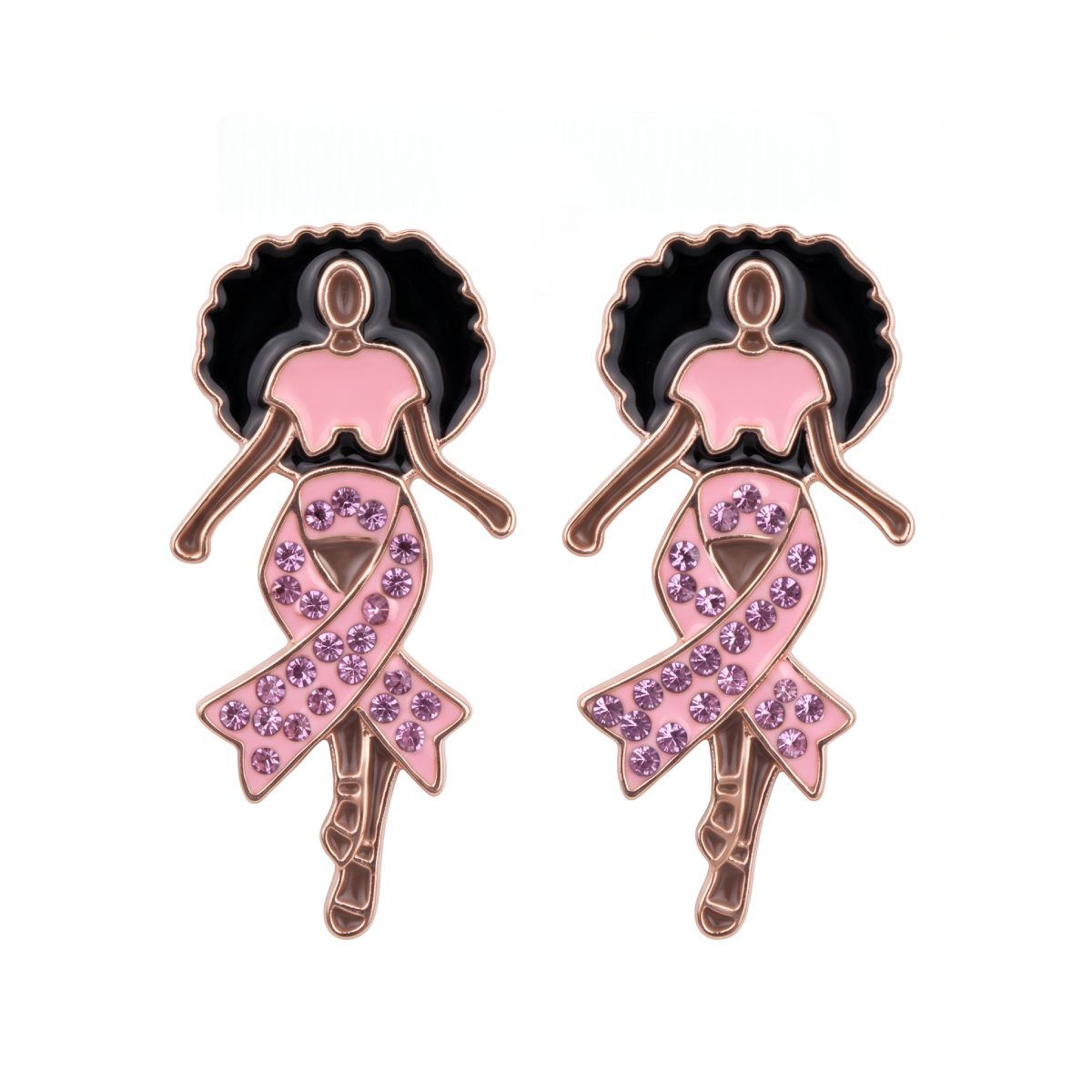 Gold Light Pink Afro Woman Breast Cancer Studs
