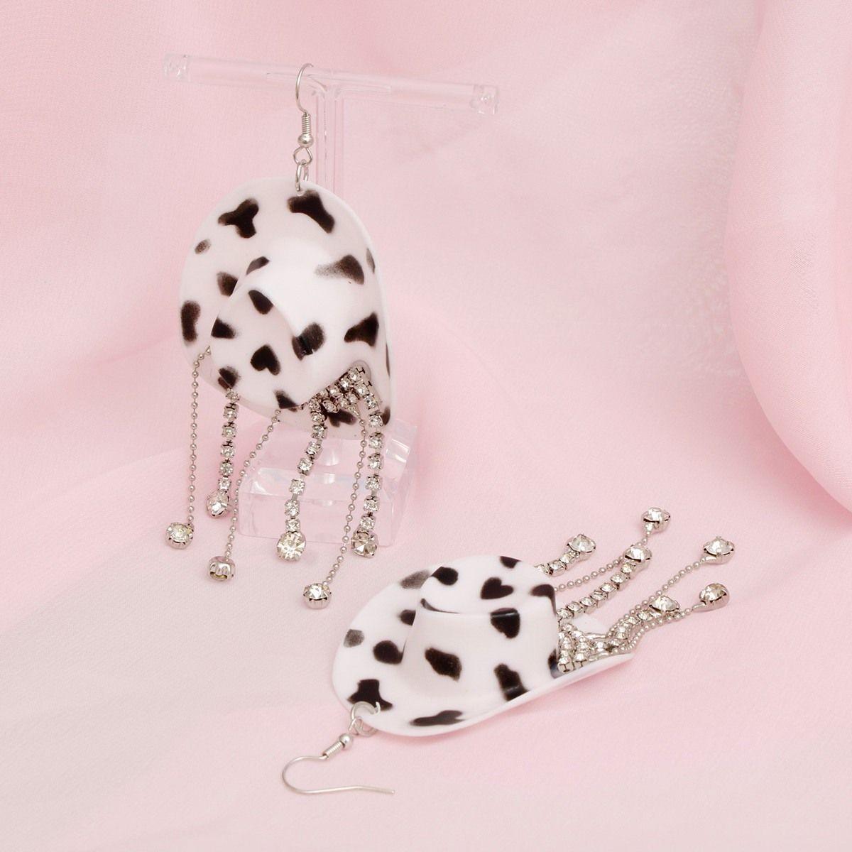 Fish Hook White Black Cowgirl Hat Fringe Earrings