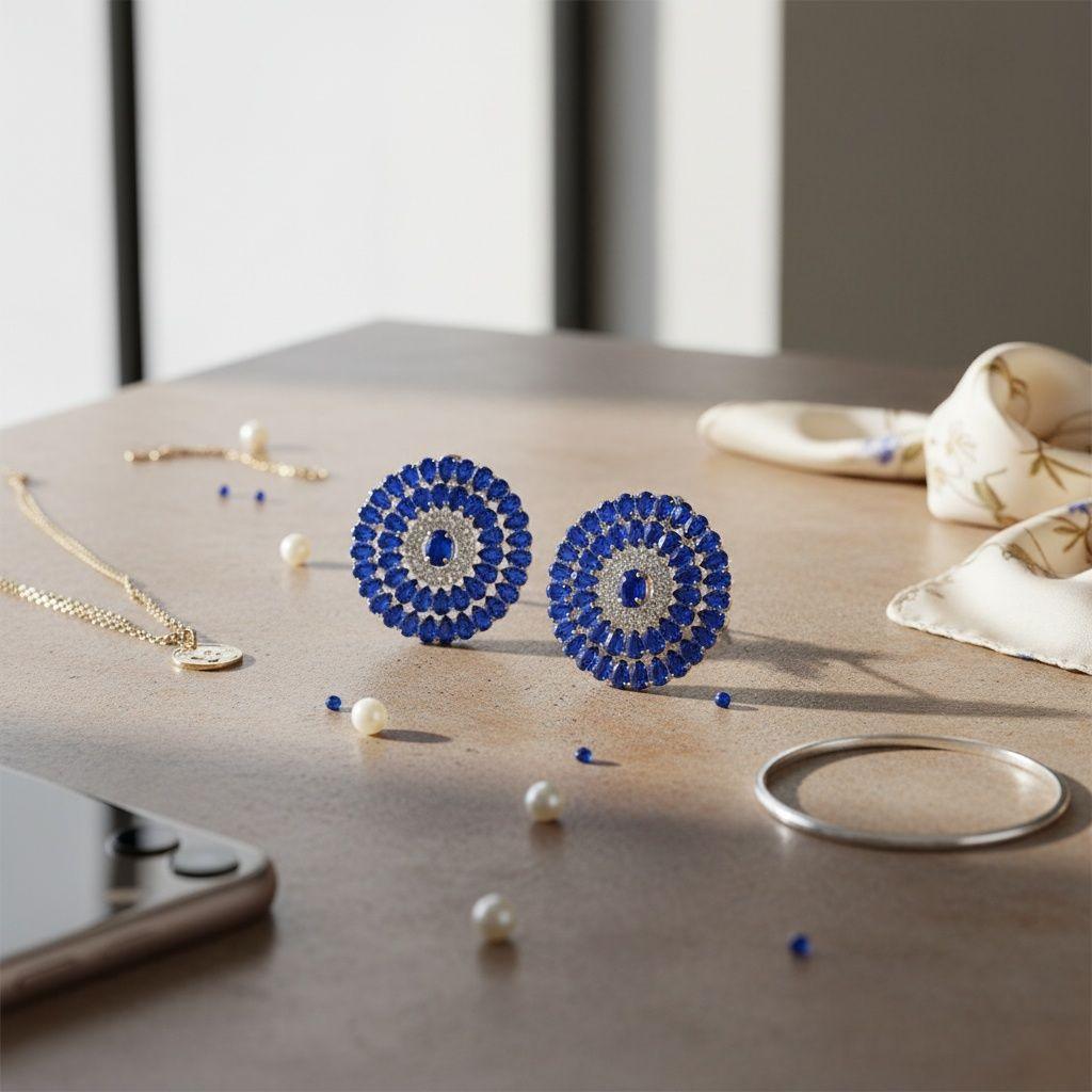 Clip On Blue Glass Teardrop Radiant Round Earrings