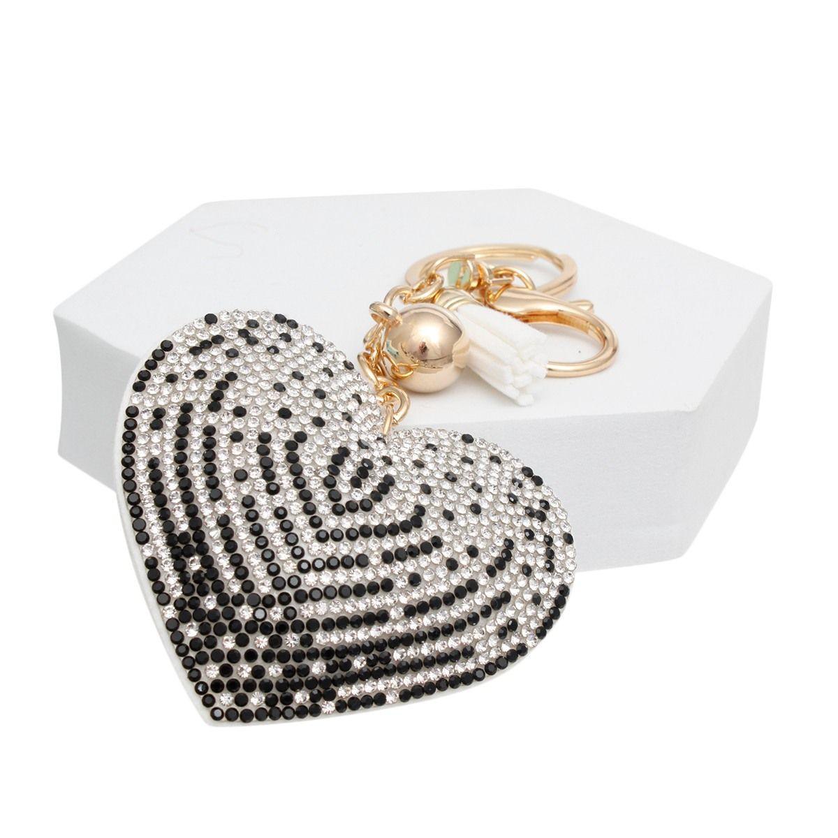 Keychain Sparkling Love Black White Padded Heart