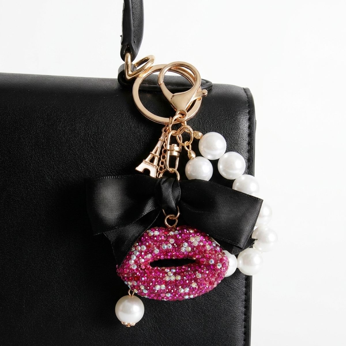 Fuchsia Stone Encrusted Lips Parisian Pearl Keychain