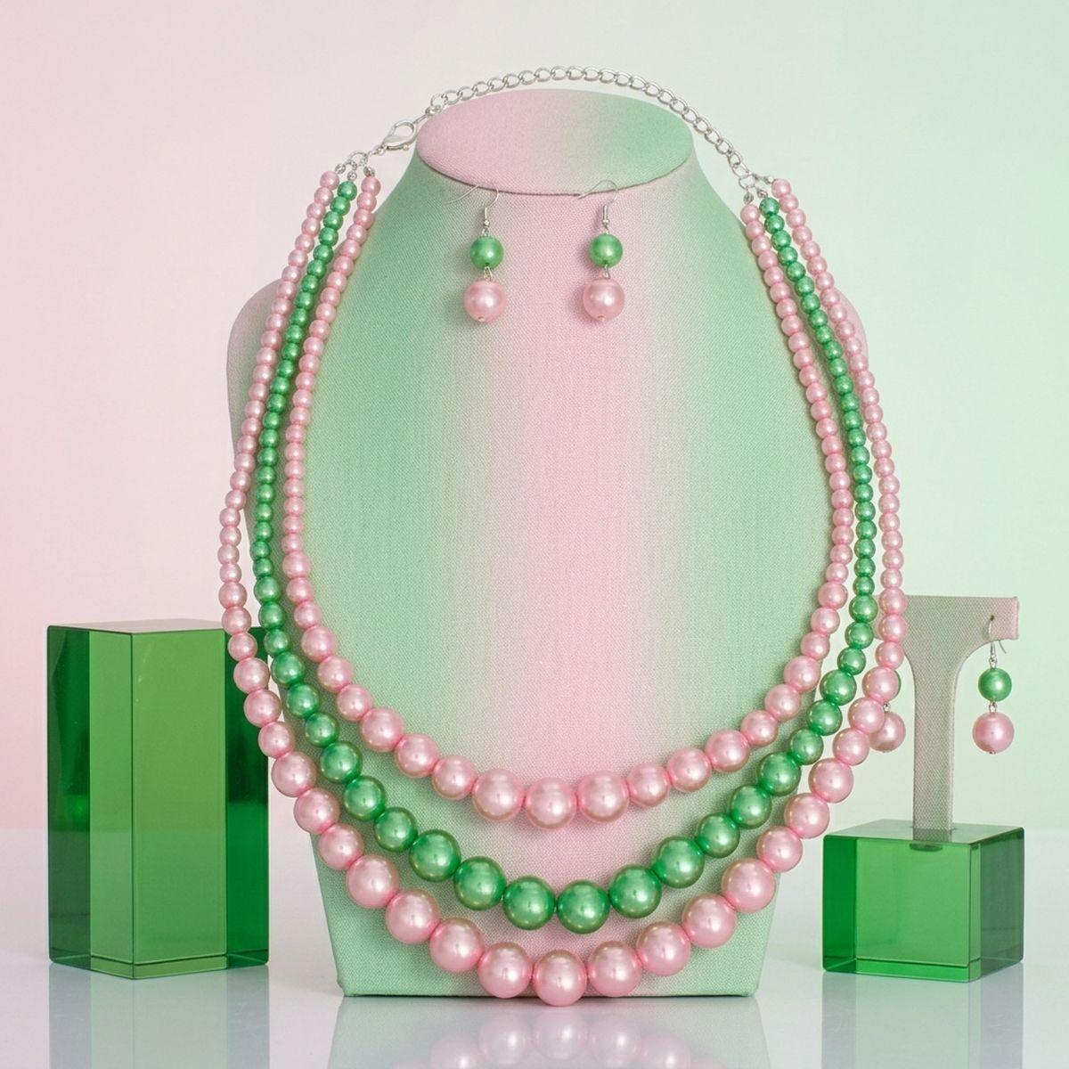 Pearl Necklace Pink Green 3 Strand