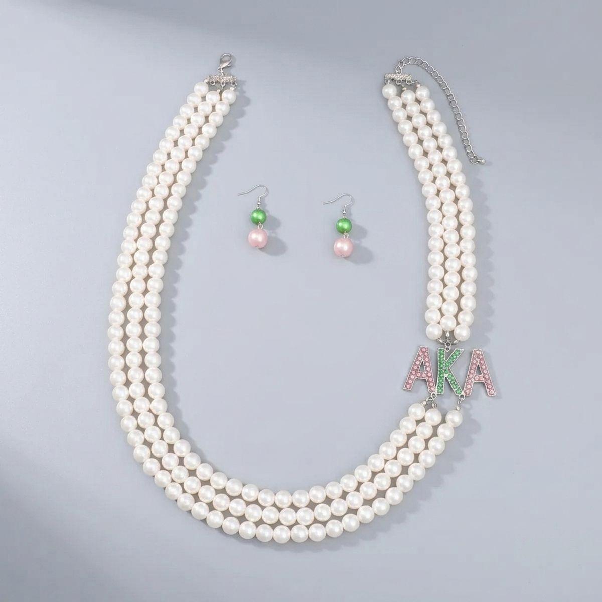 AKA Sorority White Long 3 Row Brooch Necklace
