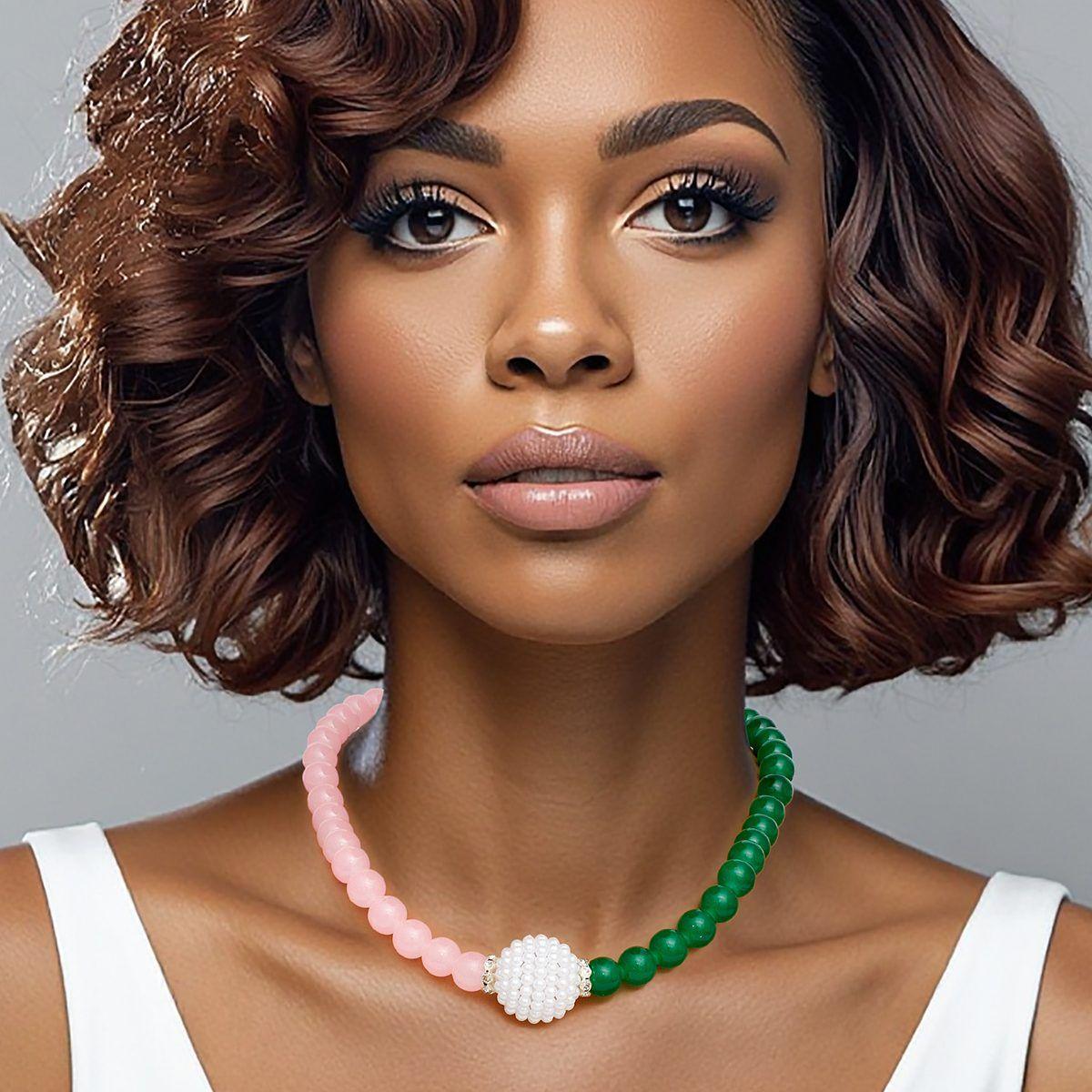 AKA Sorority Pink Green Pearl Glass Bead Necklace