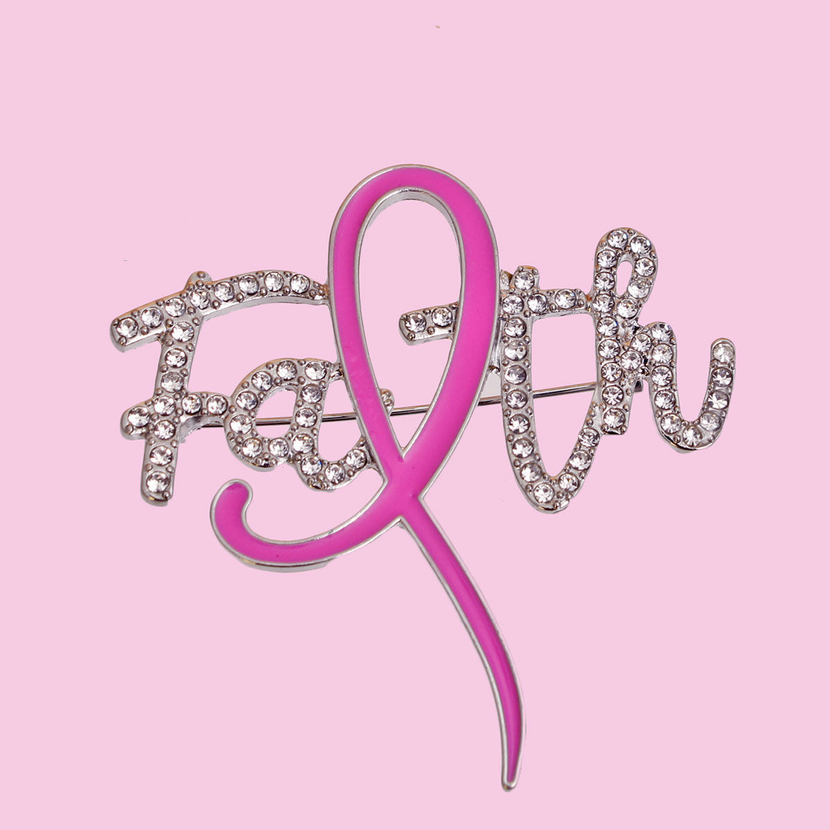 Breast Cancer Brooch Silver Faith Pink Ribbon