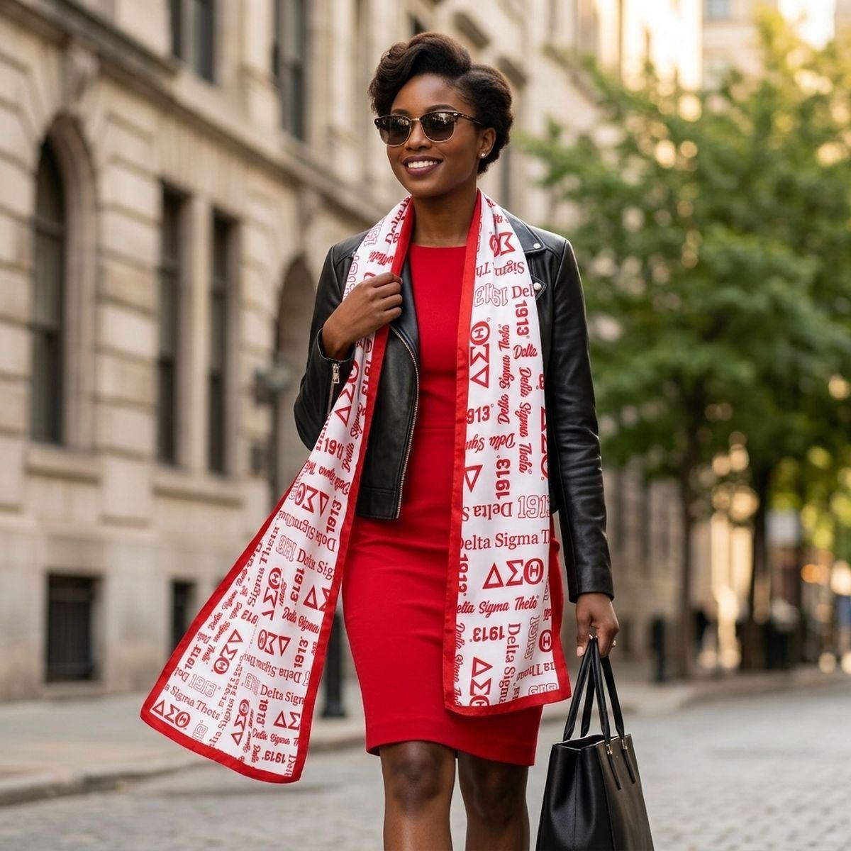 DST Long White and Red Graphic Rectangle Scarf