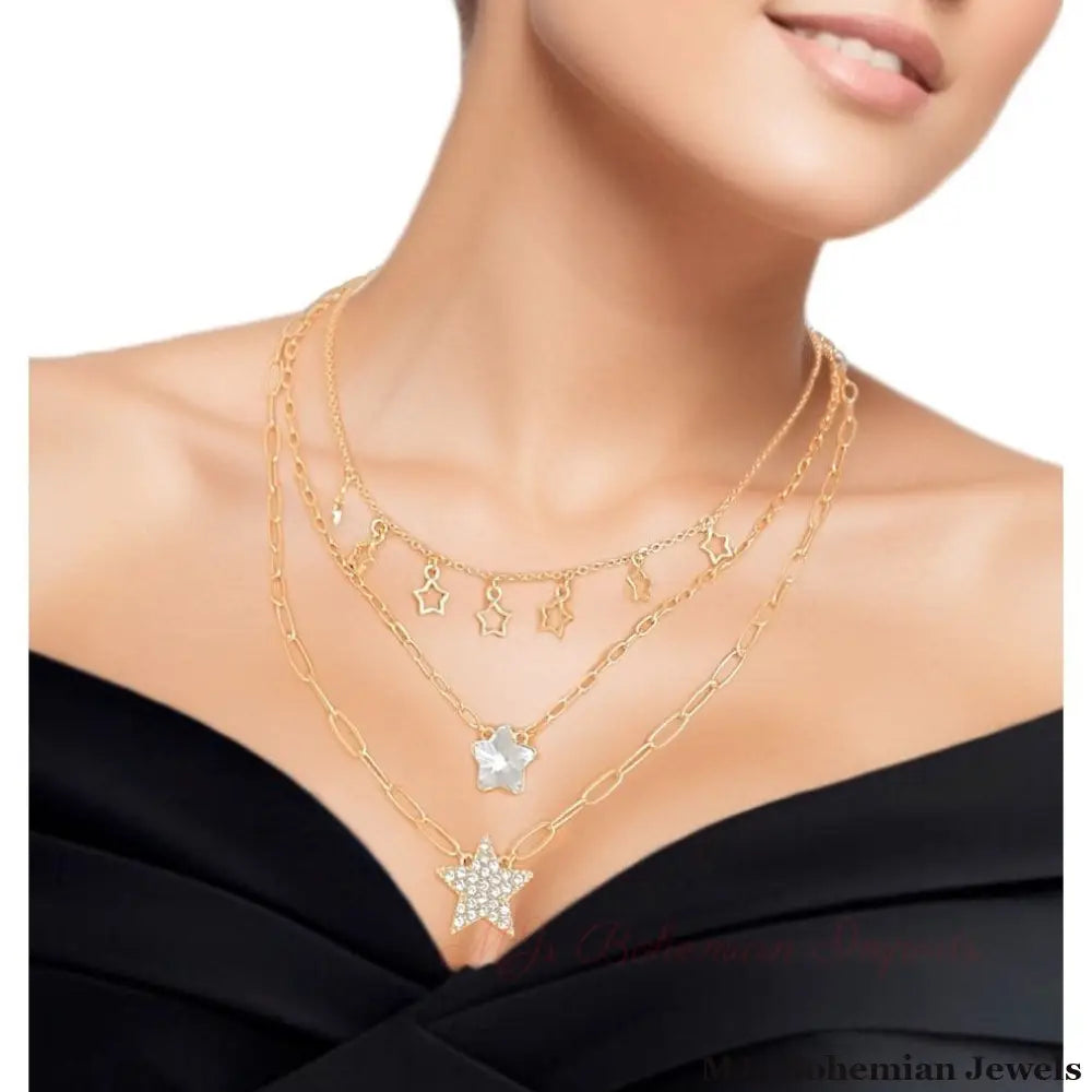 Gold 3 Layer Chain Star Necklace Set