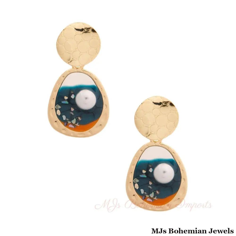 Gold and Blue Resin Oval Earrings