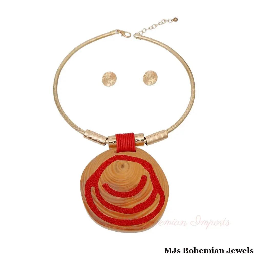 Gold and Red Swirl Circle Pendant Set