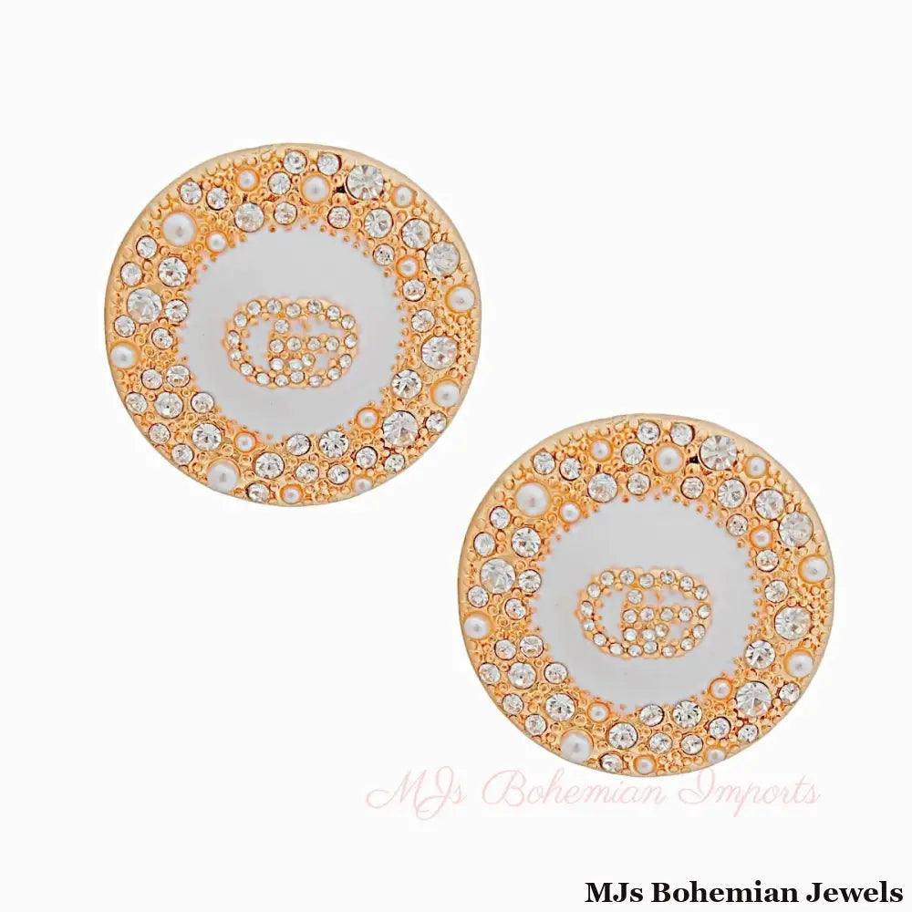 Gold and White Pearl GG Rhinestone Dome Studs