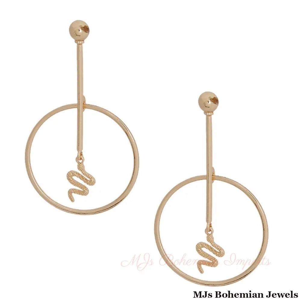 Gold Bar Round Snake Charm Earrings