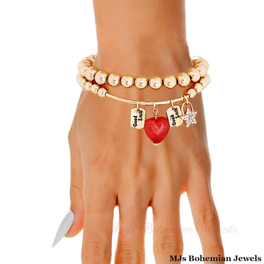 Gold Bead 2 Pcs Love Lock Bracelets