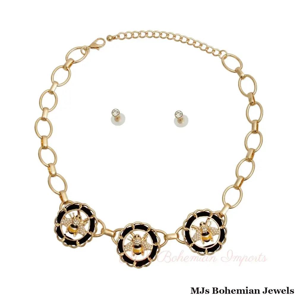 Gold Cable Chain Black Bee Necklace