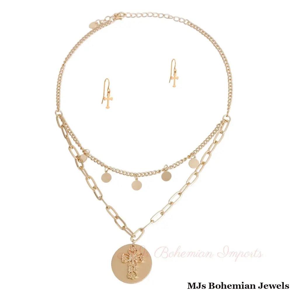 Gold Cross Charm Layered Chain