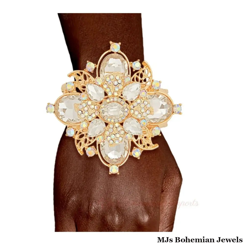 Gold Filigree Crystal Flower Cuff