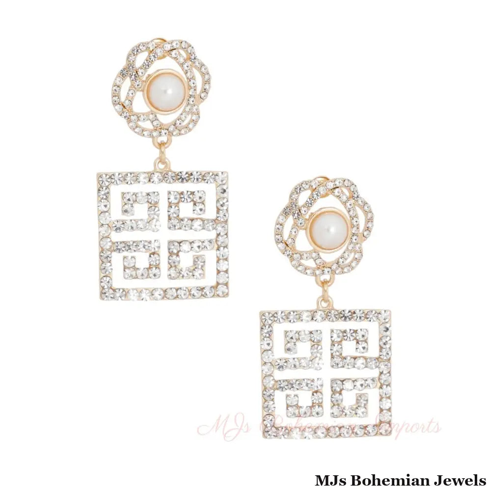 Gold Flower Square Greek Key Earrings
