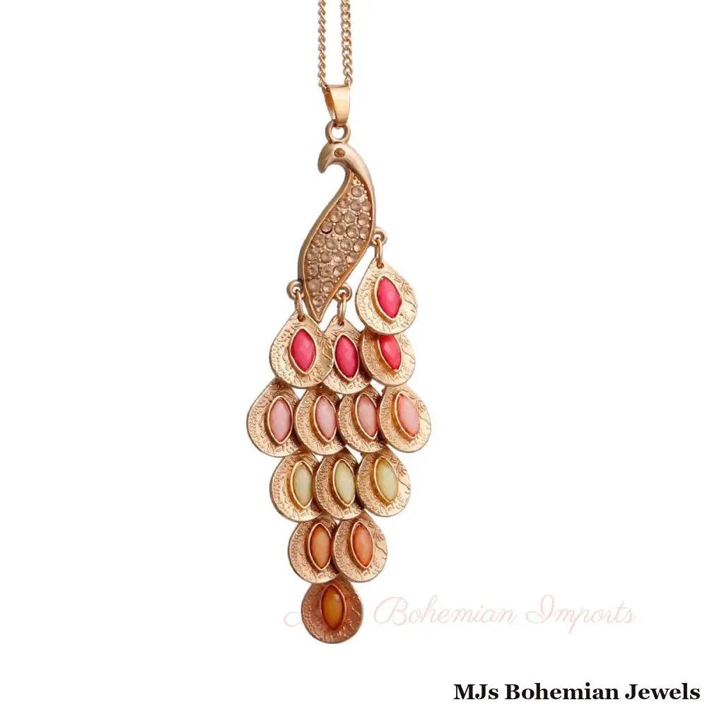 Gold Pink Peacock Necklace