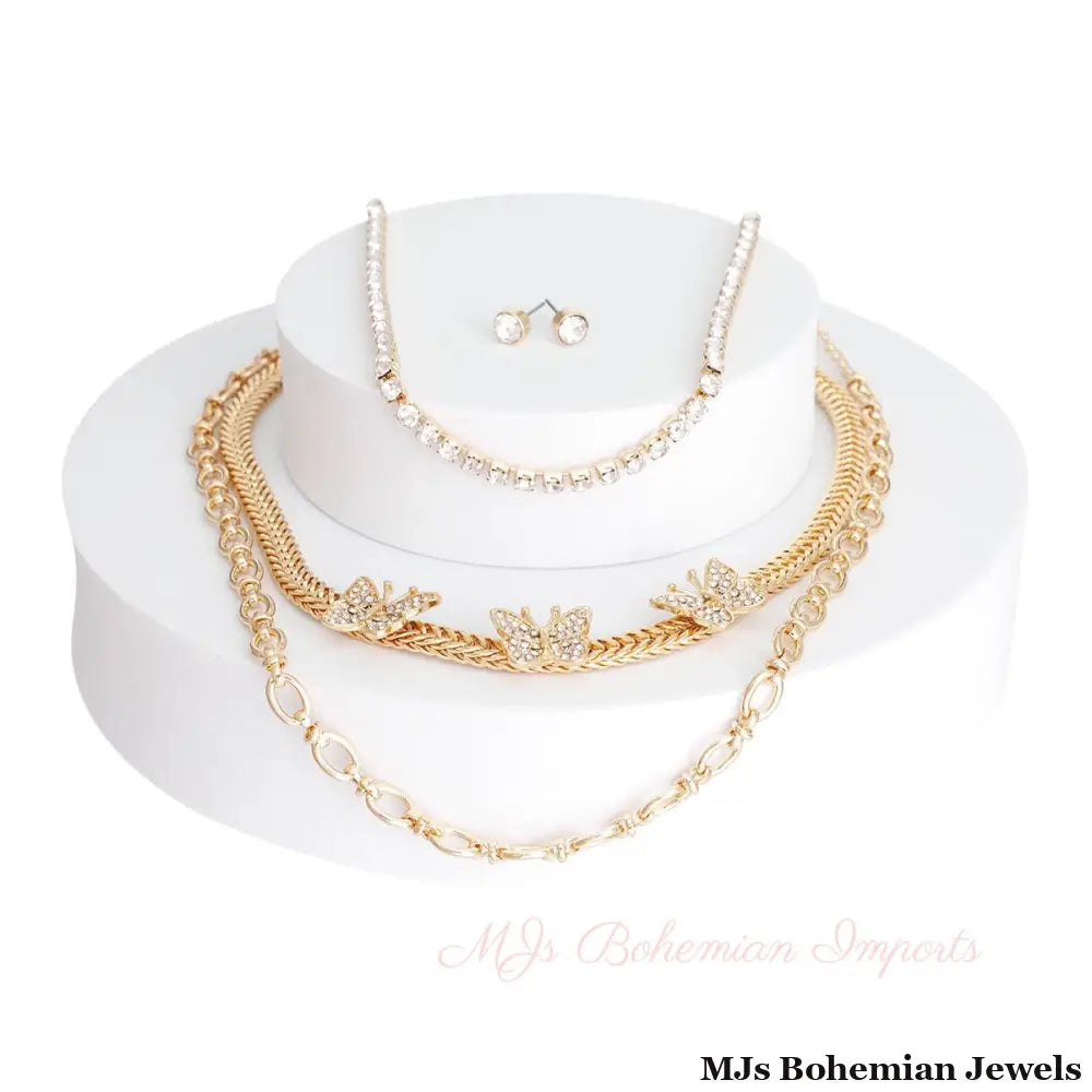 Gold Rhinestone Butterfly 3Pc Chain Set