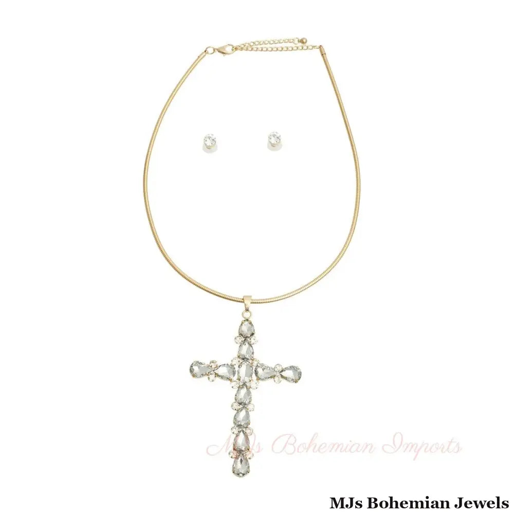 Gold Teardrop Crystal Cross Necklace