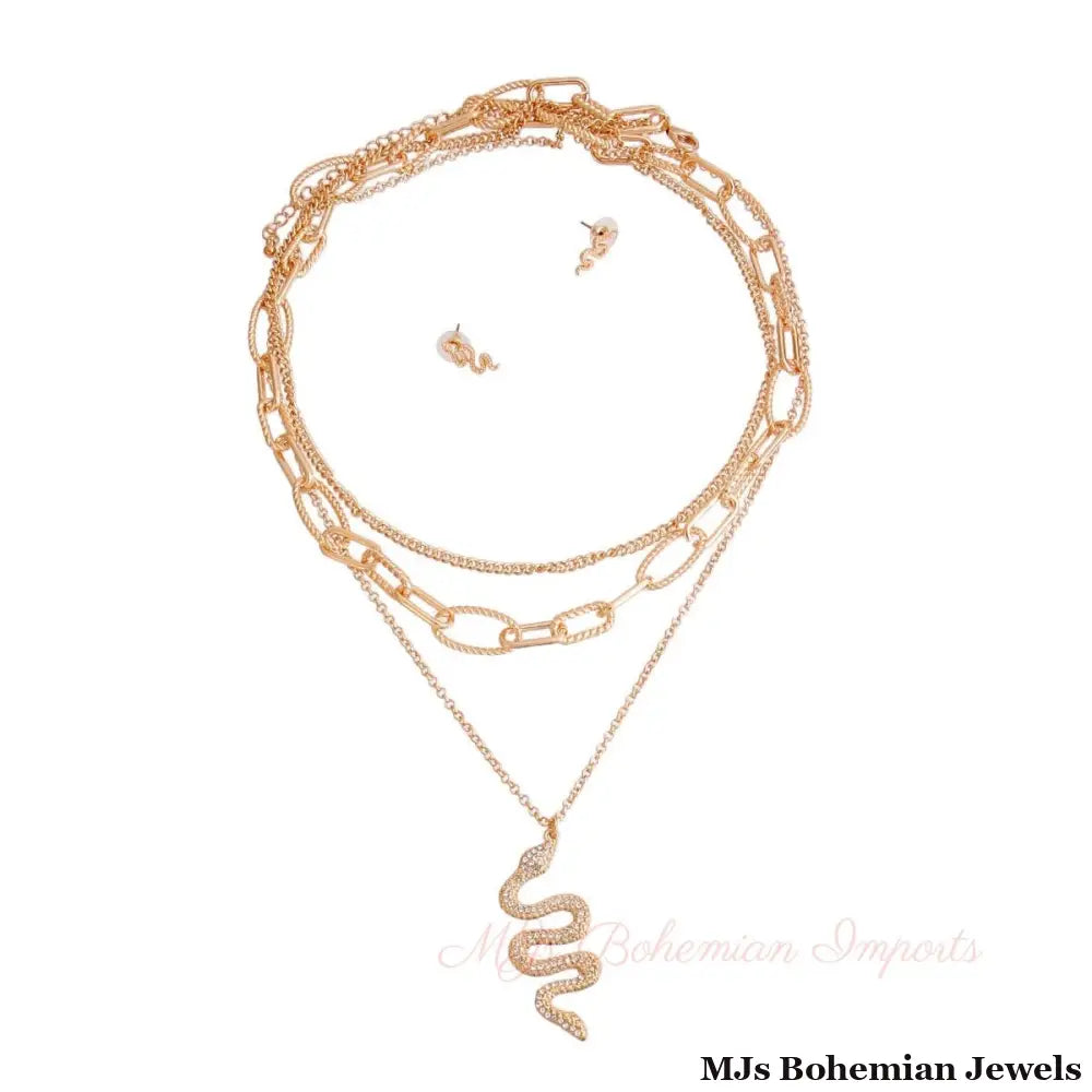 Gold Textured Chain Iced Snake Necklace