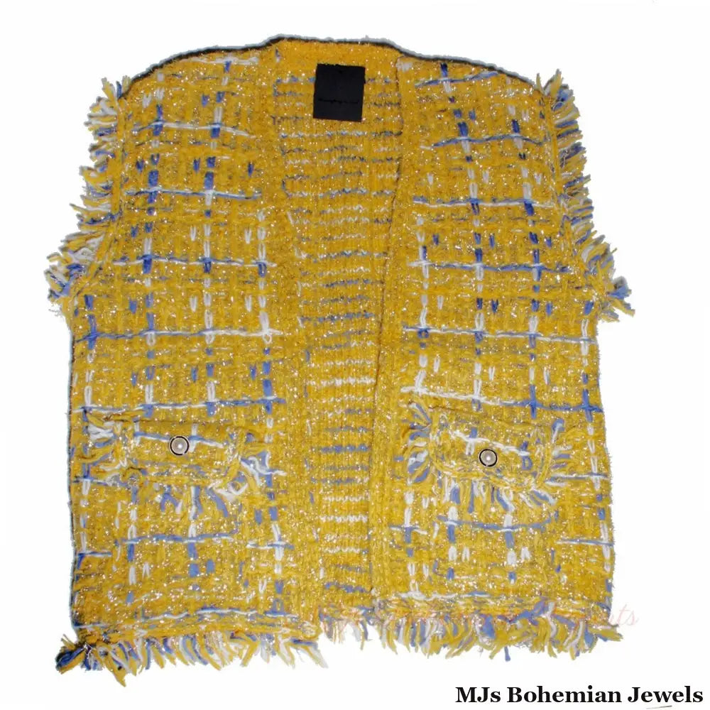 Gold Threaded Plaid Tweed Mustard Vest for Women