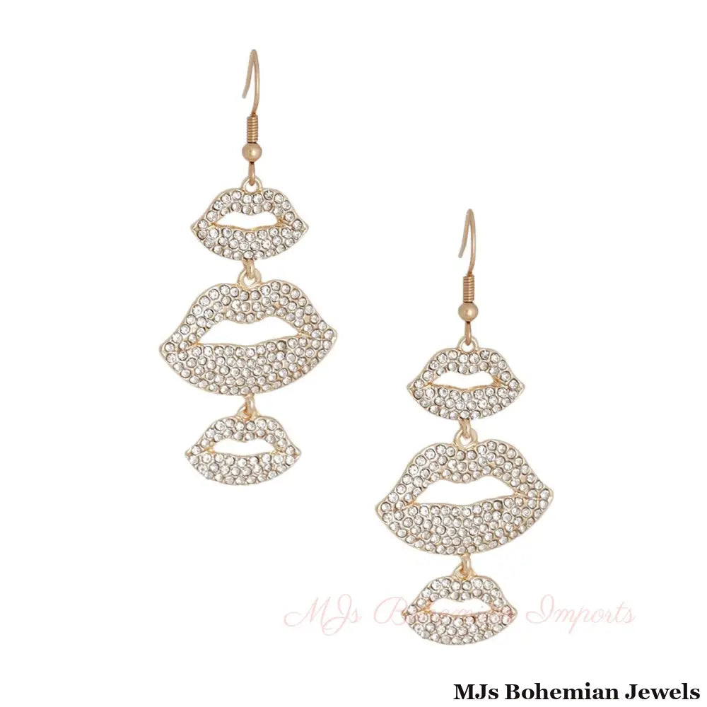 Gold Triple Lips Earrings