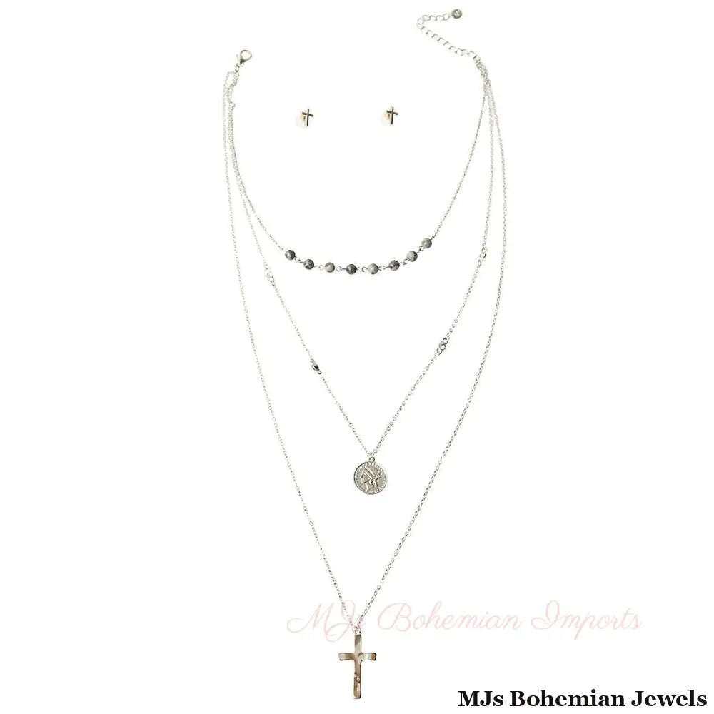 Gray Cross and Coin Necklace Set